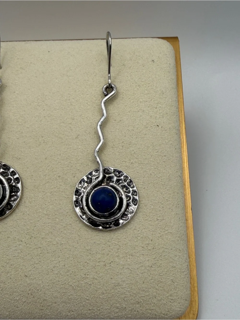 Artisan Sterling Silver Lapis Lazuli Wavy Drop Hammered Disc Dangle Earrings